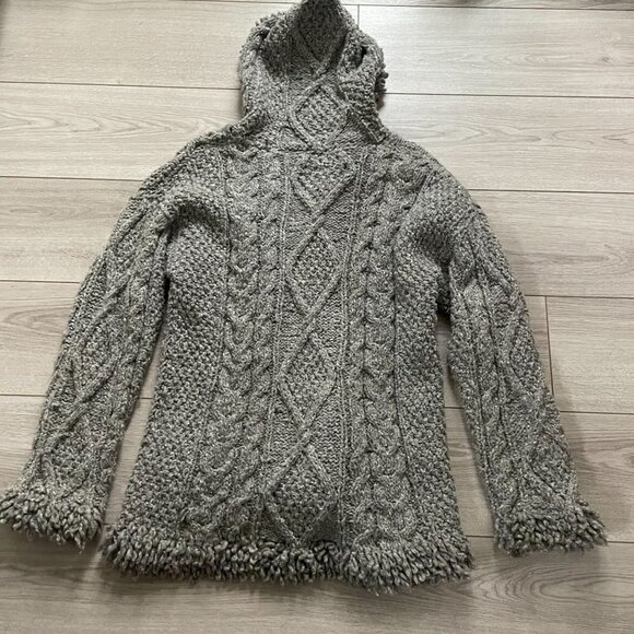 Ecuador Hand Knit Wool Blend Hooded Sweater Women Gray Grandma Cozy Warm Winter - Picture 9 of 9